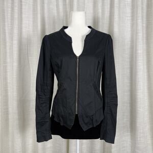 DKNY Jeans Jacket Womens Large Black Zip Front Collarless Peplum Fitted Stretch